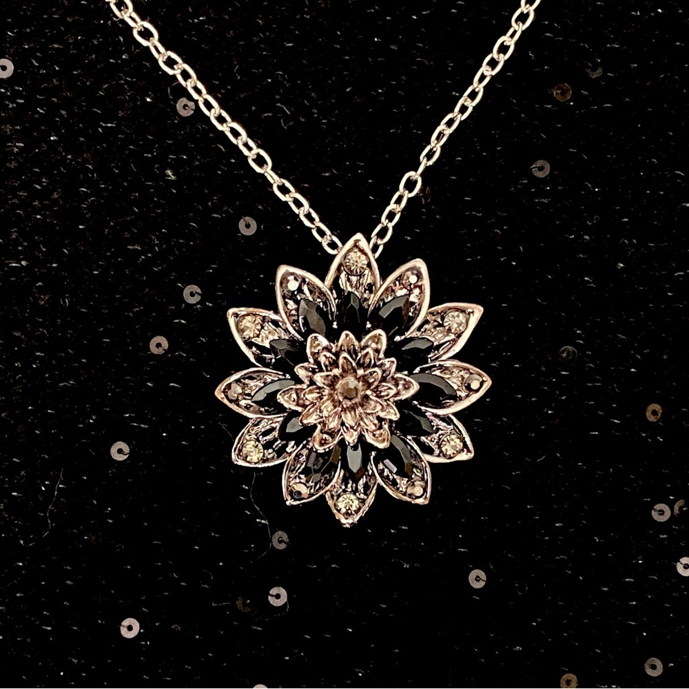 Black Crystal Flower Pendant/Brooch